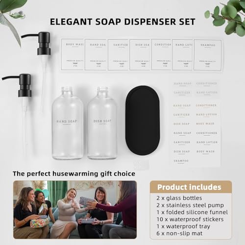 Glass Soap Dispenser (Clear Bottle/Black Pump + Tray + Funnel)