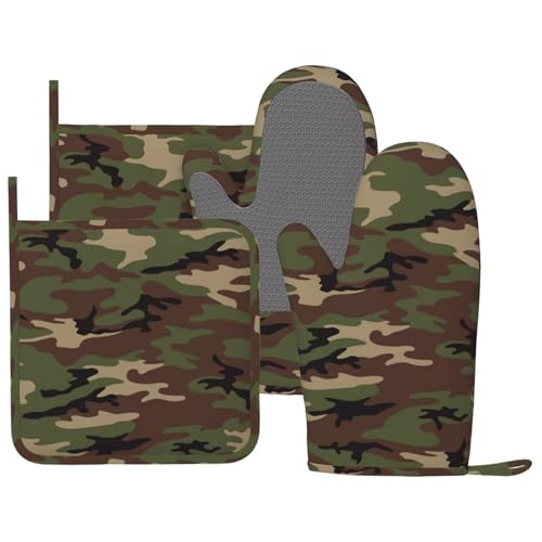 Camouflage Oven Mitts and Pot Holders Set of 4 Silicone Camo Kitchen Mitten Gloves and Non