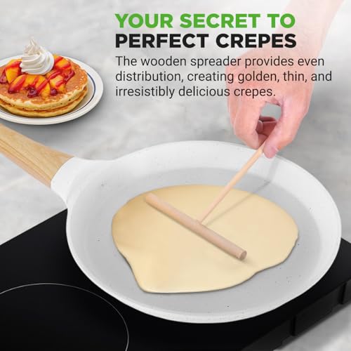 2-Pack Non-Stick Crepe Pan Set – 11” Marble Coated Dosa Pans with Wooden Spreaders, Bakelite and Wood Handles, Induction-Compatible, Easy-to-Clean, Stain-Resistant, White Cream Marble (Cream / 11" (2-Pack))