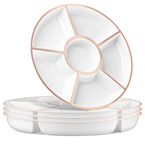 6 Sectional Round Plastic Serving Tray (White & Rose Gold)