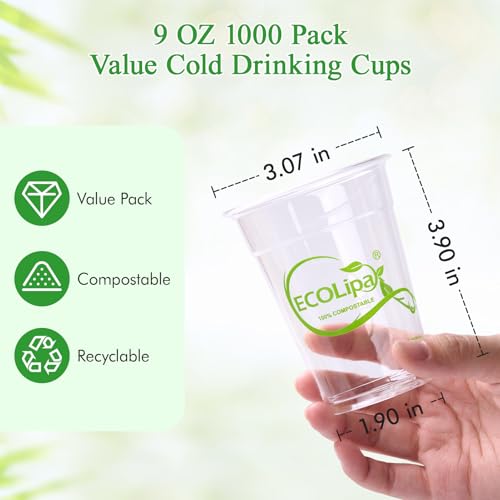 1000 Count 9 OZ Clear Compostable Plastic Cups for Restaurant (9oz-clear)