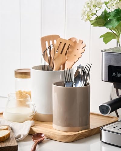 Ceramic Utensil Holder (White and Cinnamon Brown)