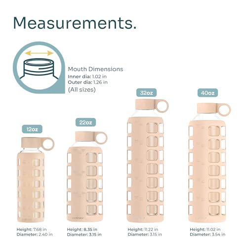 40oz / 32oz / 22oz / 12oz Borosilicate Glass Water Bottle with Time & Volume Markers, Silicone Sleeve, Stainless Steel Lid | Reusable Glass Bottle for Water & Juice (22oz Hazelnut) (Hazelnut (1 Count) / 22 Ounces)