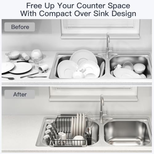 Expandable Dish Drying Rack Over Sink with Extra Drainboard (Black / For 11.5"-16" W Sink with Cup Holder & Drainboard)
