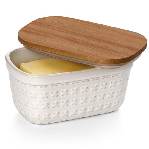Ceramic Butter Dish with Wood Lid for Countertop