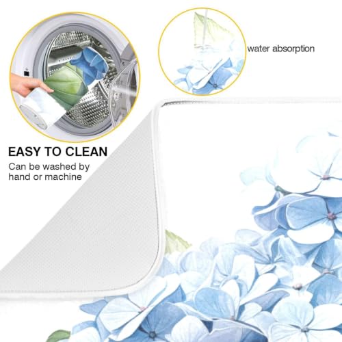 Blue Hydrangeas Flower Dish Drying Mat for Kitchen Counter Absorbent Microfiber Drying Pad (18" x 18")