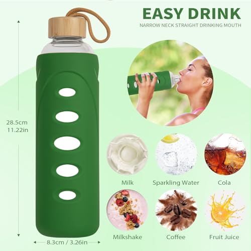 32 oz Narrow Mouth Glass Water Bottle with Windowed Silicone Sleeve (Dark Green)