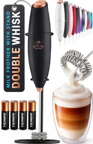 Powerful Milk Frother Wand With Duracell Batteries (Black Copper / Double Whisk + Batteries)