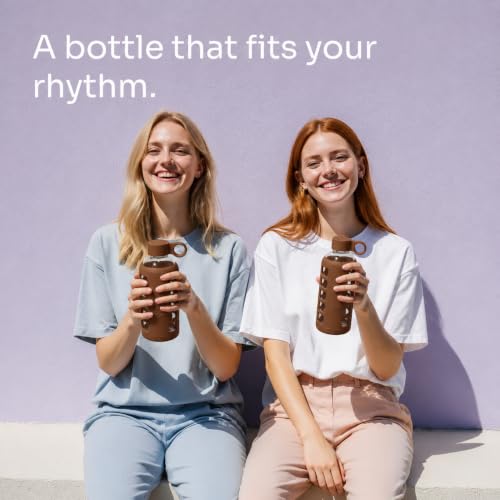 40oz / 32oz / 22oz / 12oz Borosilicate Glass Water Bottle with Time & Volume Markers, Silicone Sleeve, Stainless Steel Lid | Reusable Glass Bottle for Water & Juice (22oz Earth Brown) (Earth Brown / 22 Ounces)