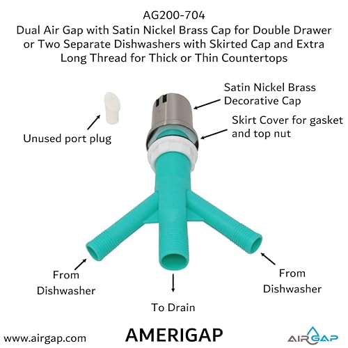 Dual Air Gap with Satin Nickel Brass Cap for Double Drawer or Two Separate Dishwashers with Skirted Cap and Extra Long Thread for Thick or Thin Countertops (AG200-704)