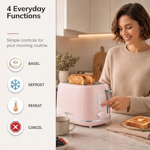 2 Slice Toaster Retro Stainless Steel with Bagel (2 Slice / Pink)