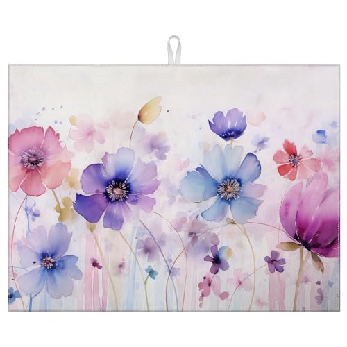 Watercolor Flowers Dish Drying Mat for Kitchen Counter Microfiber Absorbent Dish Kitchen Drying Mat Draining Reusable Washable for Dishes