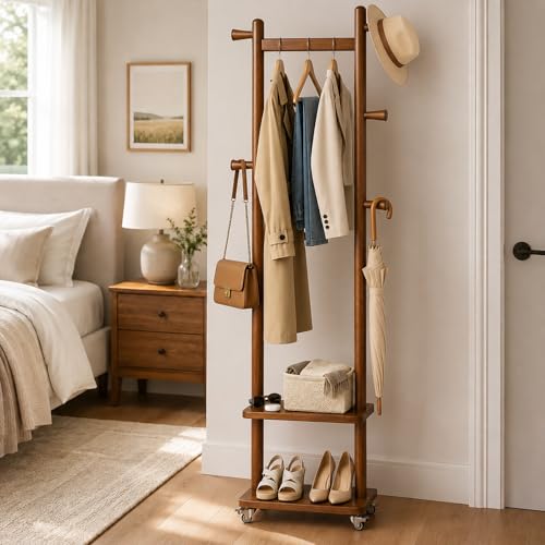 Small Clothes Rack Solid Wood Coat Rack Freestanding with Wheels