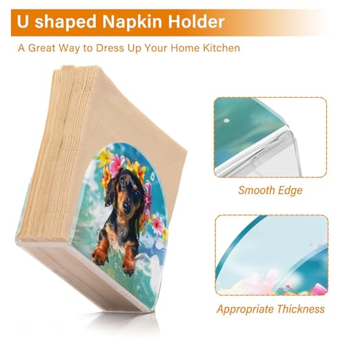 Cute Dachshund Puppy Surfing Napkin Holder for Table Paper Napkins Holder Acrylic Tissue Dispenser Kitchen Dining Room Bathroom Party Car Decor (NH073 / 4.1x4.9x1.97in)