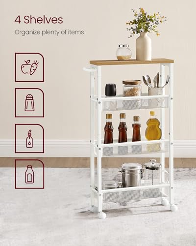 4 Tier Slim Rolling Storage cart with Wheels (Oak Beige + Classic White / 4 Tiers (5.1"D x 30.3"H))