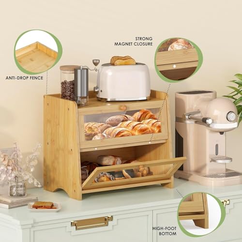 Double Layer Bread Box Container for Kitchen Countertop Homemade Bread (Natural Bamboo / 2 Tier-Large)