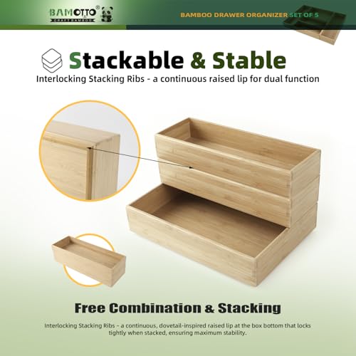 Stackable Bamboo Drawer Organizer Set of 5 for Kitchen (Bamboo (5 Piece Set) / 19.2" L x 13.3" W x 2.2" H)