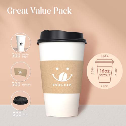 Coffee Cups with Lids and Sleeves (White-300packs / 16 oz)