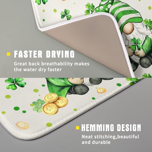 St Patrick's Day Gnome Dish Drying Mat 16x18 inch Lucky Shamrock Absorbent Reversible Dishes Drainer Rack Mat for Coffee Bar Kitchen Decor (Shamrock Gnome / 16" x 18")
