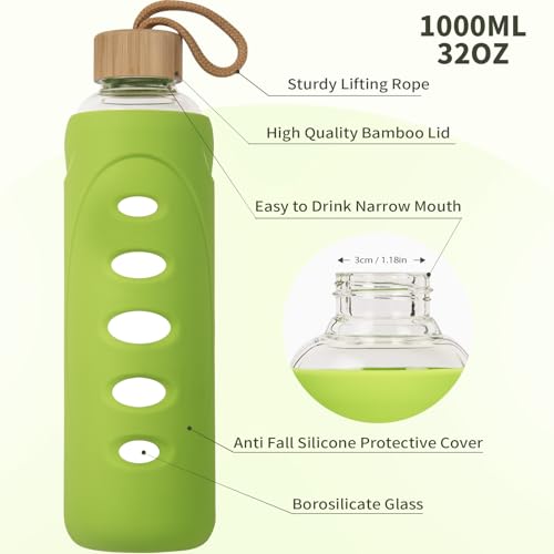 32 oz Narrow Mouth Glass Water Bottle with Windowed Silicone Sleeve (Green)