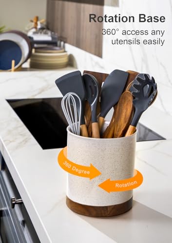 Ceramic Rotating Kitchen Utensil Holder for Countertop (Sand)