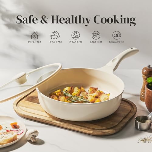 Ceramic Frying Pan with Glass Lid (Beige / 12inch Saute Pan With Lid)