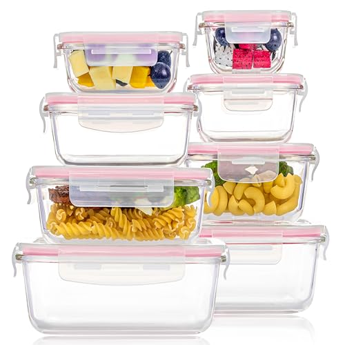 8 Pack Glass Food Storage Containers with Airtight Lids (Pink)
