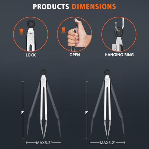 Stainless Steel Locking Kitchen Tongs for Cooking & Serving (9 inch, 2pack)