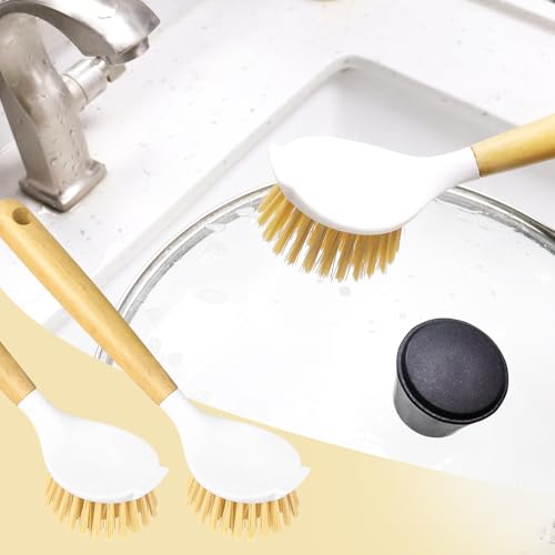 2 Pack Kitchen Scrub Brushes for Cleaning Dish Brush with Handle for Pans (Wooden Handle)