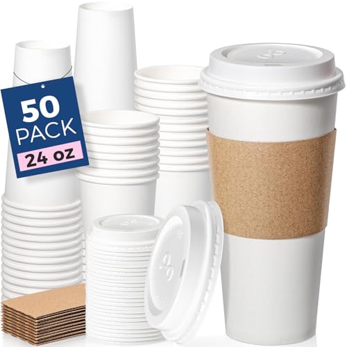 50 Pack 24 oz Disposable Coffee Cups with Lids (24 oz / Classic)