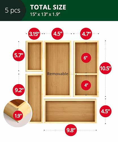 5 Piece Bamboo Drawer Organizer Set