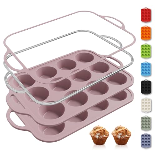 2 Packs 12 Cups Silicone Muffin Pan with Metal Reinforced Frame Regular Size Cupcake Pan Tray Egg Bites Silicone Circle Cookie Molds Muffin Tin Tart Pans Baking Sheet Set for Breakfast Sandwiches (Regular / Morandi Pink)