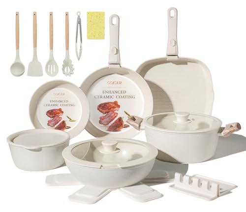 23Pcs Ceramic Cookware Set Non Stick Pots and Pans Set Non Toxic with Detachable Handle Induction Kitchen Cookware Set Space Saving