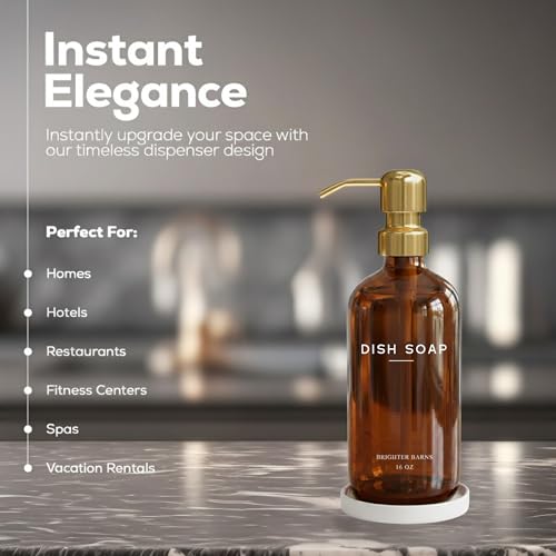 Luxury Glass Dish Soap Dispenser for Kitchen Sink by Brighter Barns (Amber Gold D)
