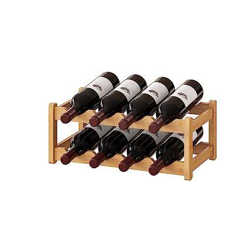 Bamboo Wine Rack Wine Storage Cabinet Shelf 8 Bottle Wine Racks Countertop Sturdy for Kitchen Dining Room Pantry (Natural / 2 Tier)