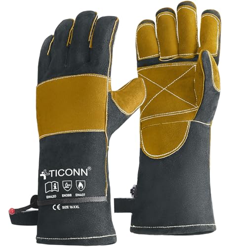 16" Leather Welding Gloves for Men (16" - L / Grey/Yellow)