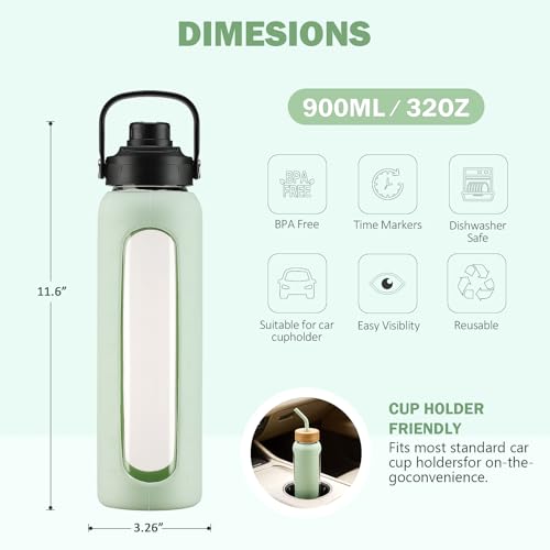 32 oz Glass Water Bottle with Straw and 2 Lids (Light Green / 32 Ounces)