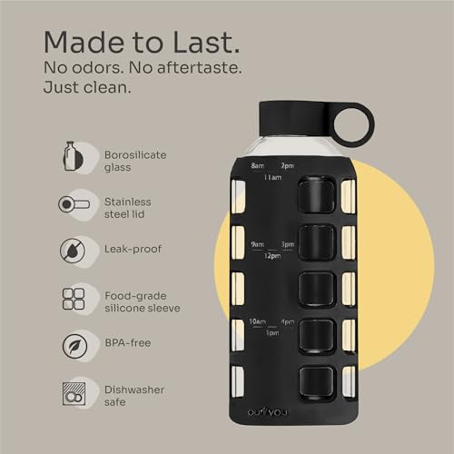 40oz / 32oz / 22oz / 12oz Borosilicate Glass Water Bottle with Time & Volume Markers, Silicone Sleeve, Stainless Steel Lid | Reusable Glass Bottle for Water & Juice (22oz Jet Black) (Jet Black (1 Count) / 22 Ounces)