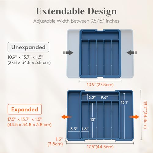 Expandable Silverware Drawer Organizer (Dark Blue / Large (11-18''W x 14''D))