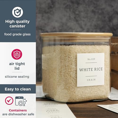 Large Glass Flour and Sugar Containers with 42 Kitchen Pantry Labels (85OZ)