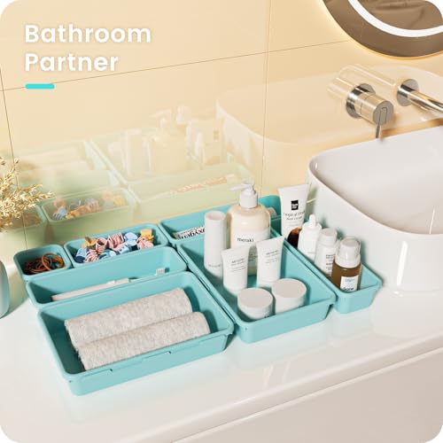 Military Grade】 Drawer Organizer for Vanity Bathroom Makeup Desk (Blue)