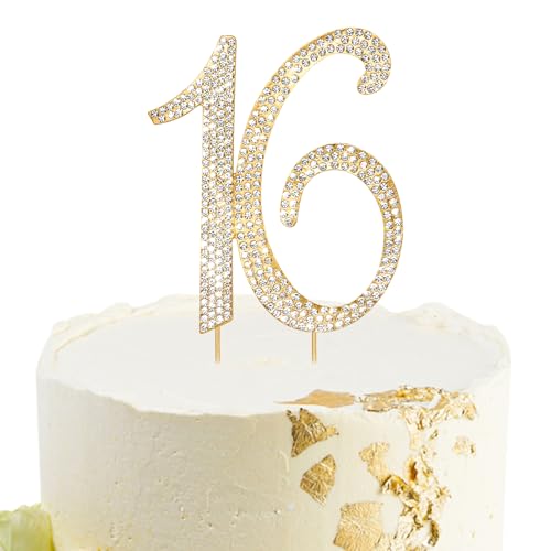 Gold Sweet 16 Cake Topper Rhinestones Cake Decorations (16th- Gold)