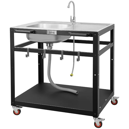35" Movable Outdoor Grill Cart with Stainless Steel Sink & Faucet (Sliver)