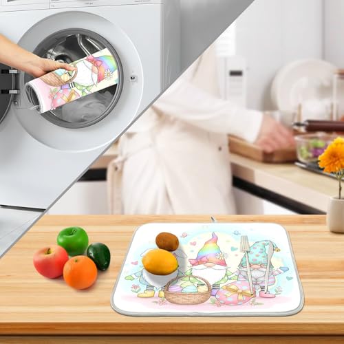Colorful Easter Cute Gnomes Dish Drying Mat for Kitchen Counter Absorbent Microfiber Small Drying Pad Dish Mats for Kitchen Countertops 16 x 18 Inch (18" x 16")