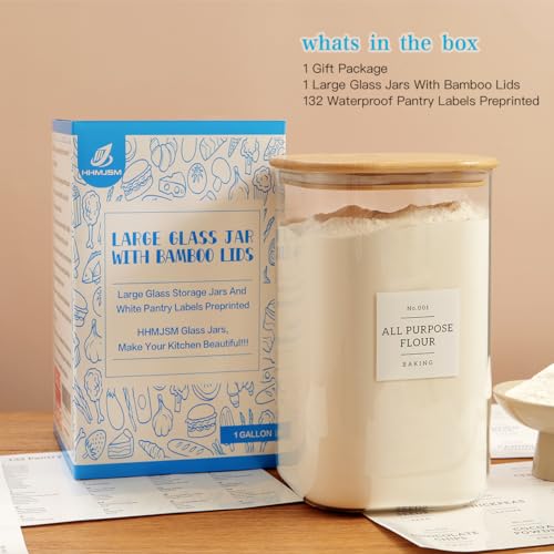 Large glass flour and sugar containers with 132 Kitchen Pantry Labels (138OZ)