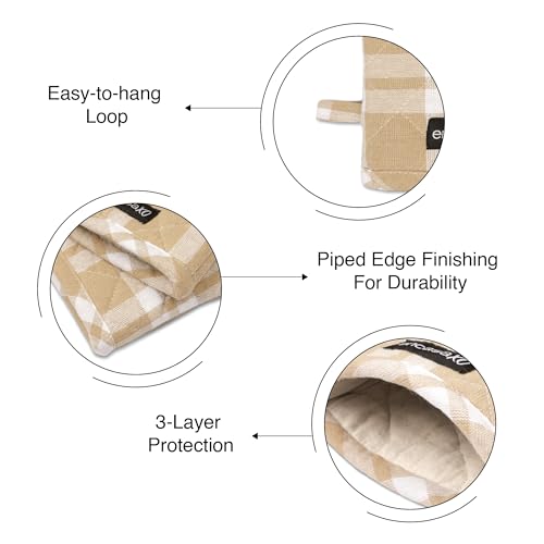 Oven Mitts Heat Resistant Kitchen Gloves (Oven Gloves / Franca Beige Checks)