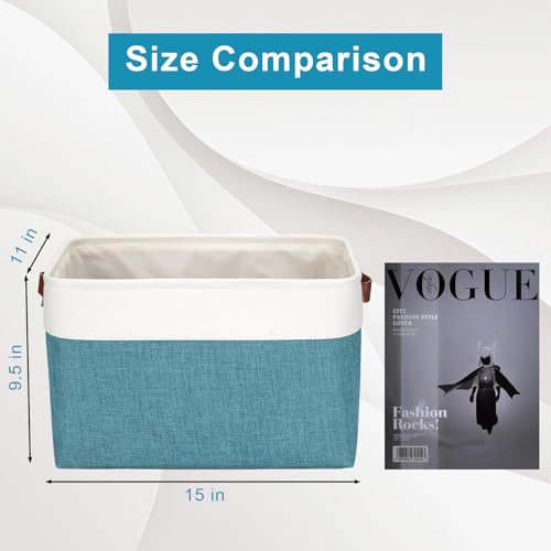 Storage Bins Large Fabric Storage Baskets for Shelves 3 Pack (Teal / Off-White / Large -15"x11"x9.5")