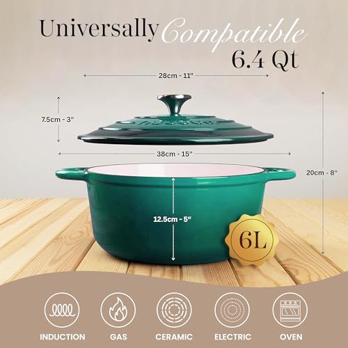 Enamelled Cast Iron Dutch Oven Pot with Lid (Dark Green / 6.4-Quart - Deep)