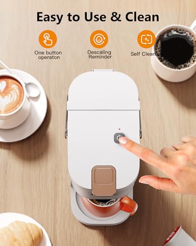 Mini Single Serve Coffee Maker for K Cups and Grounds with Handle (White and Brown)