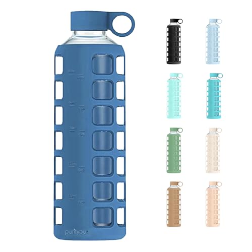 40oz / 32oz / 22oz / 12oz Borosilicate Glass Water Bottle with Time & Volume Markers, Silicone Sleeve, Stainless Steel Lid | Reusable Glass Bottle for Water & Juice (40oz Chinese Porcelain) (Chinese Porcelain (1 Count) / 40 Ounces)